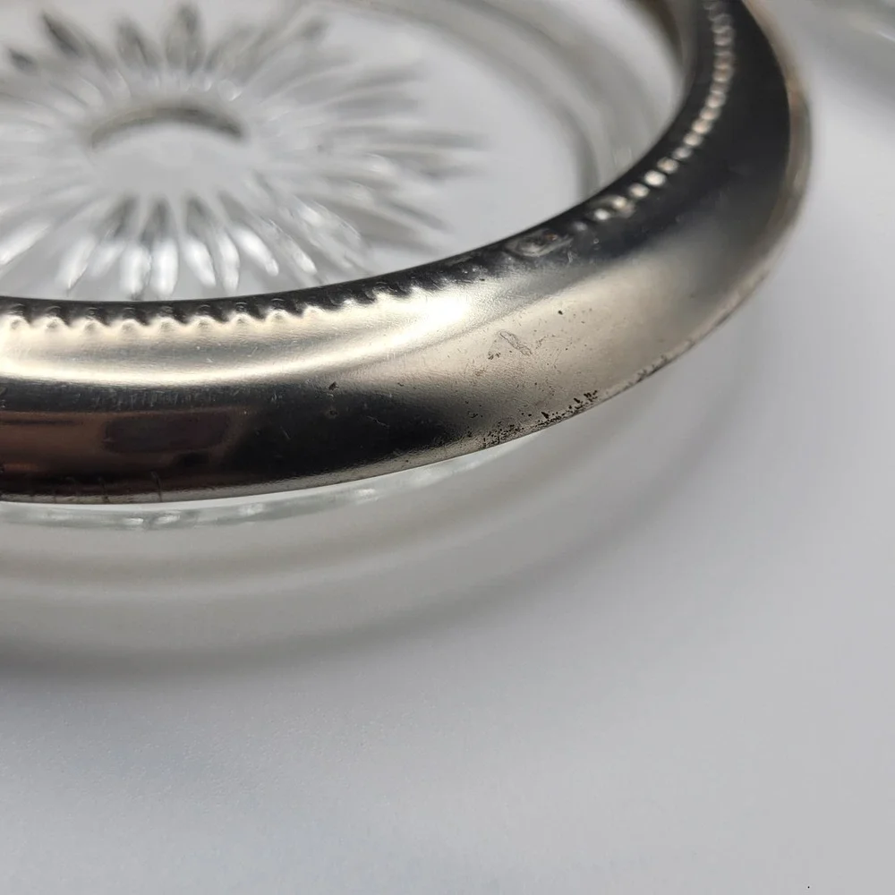 Leonard Silverplate Glass Coasters Set of 3 Made in Italy Sunburst Beaded Rim